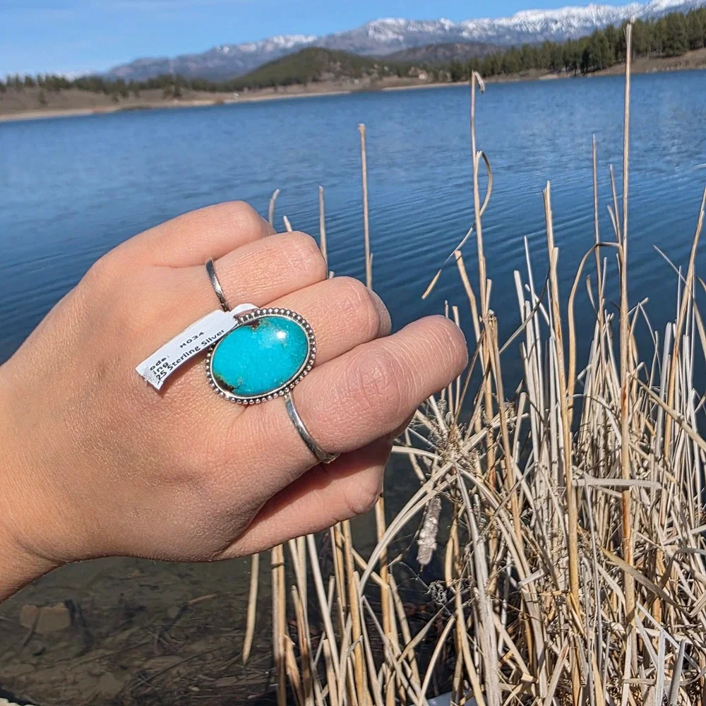 Arizona Turquoise Sterling Silver 925 Statement‎ Ring Size 9 Oval Beaded H034
